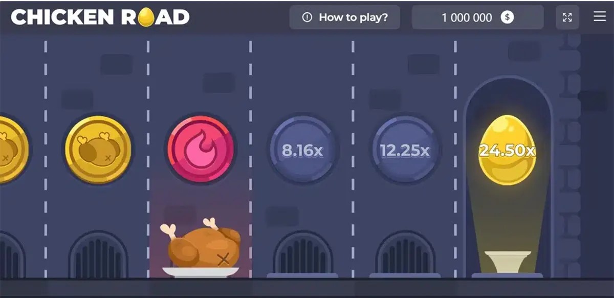 Screenshot of Chicken Road gameplay showing late-stage lanes with a red fire hazard above a cooked chicken, mid-game multiplier coins (8.16x and 12.25x), and a glowing golden egg payout on the far right marked 24.50x, with the “How to play?” button and balance display at the top.