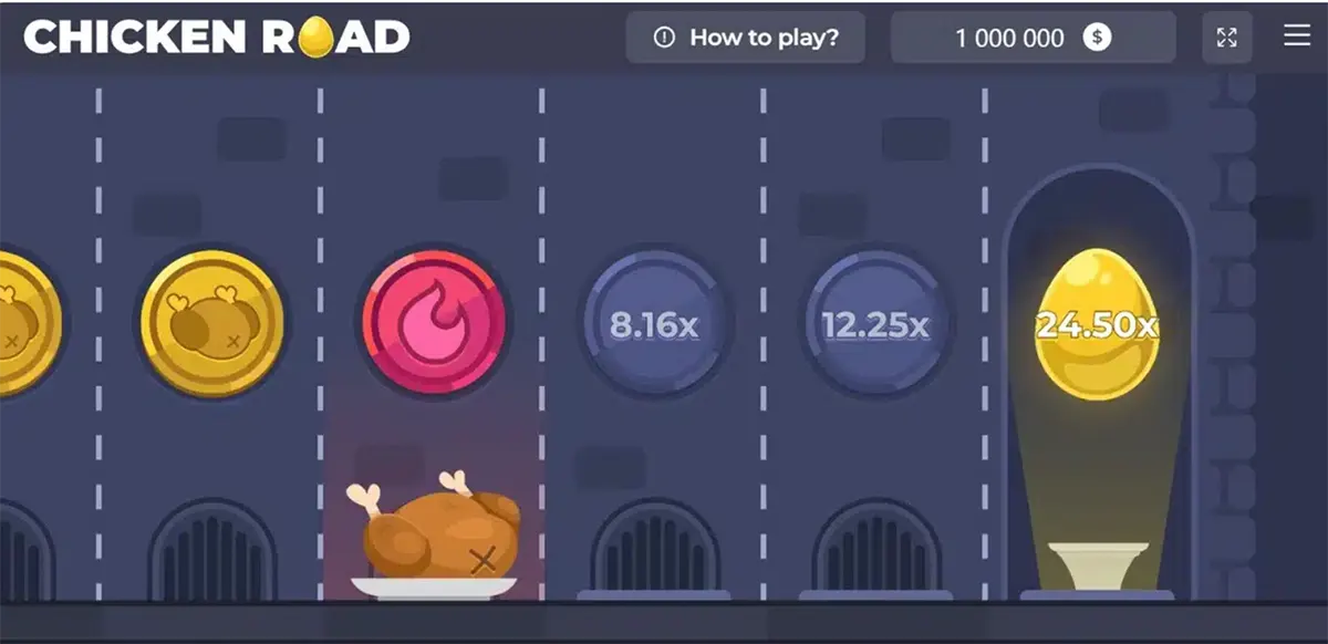 Screenshot of Chicken Road gameplay showing late-stage lanes with a red fire hazard above a cooked chicken, mid-game multiplier coins (8.16x and 12.25x), and a glowing golden egg payout on the far right marked 24.50x, with the “How to play?” button and balance display at the top.